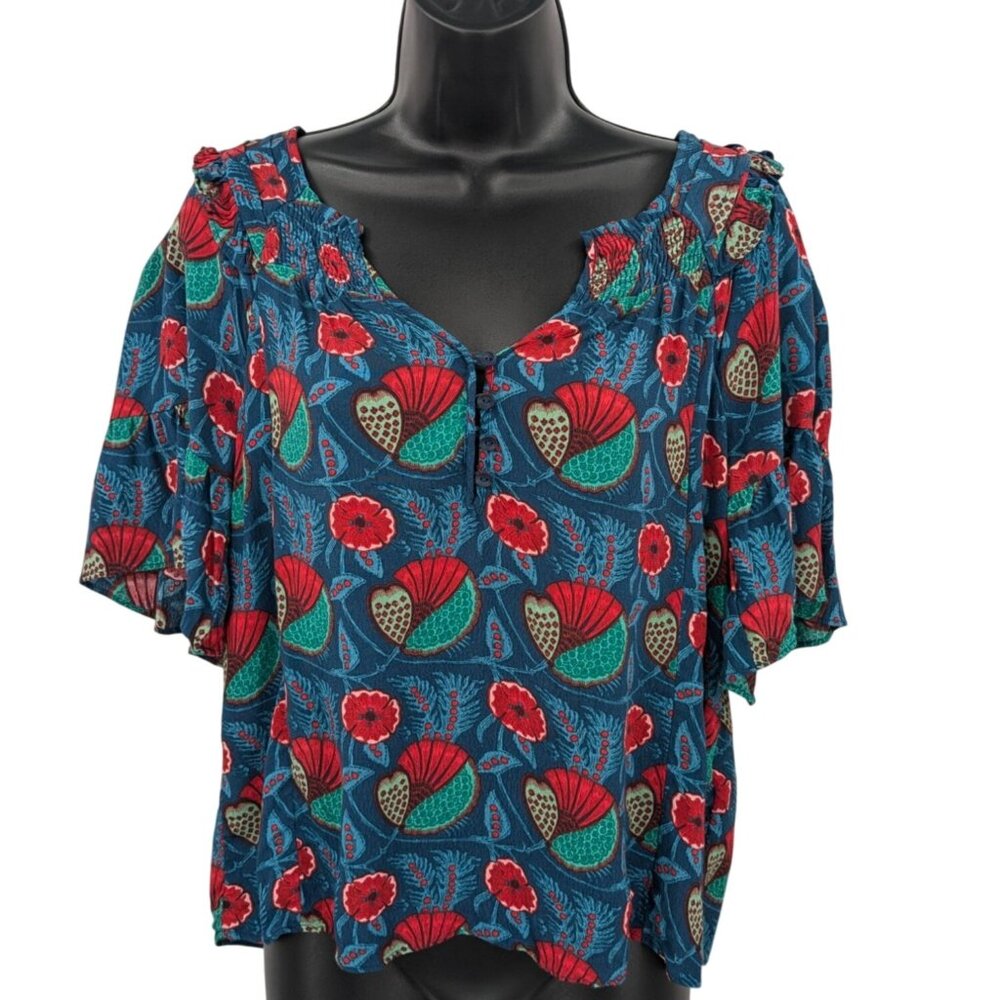 Maeve Smocked Boho Floral Peasant Top Size XS  Flutter Sleeve Cottagecore Indie